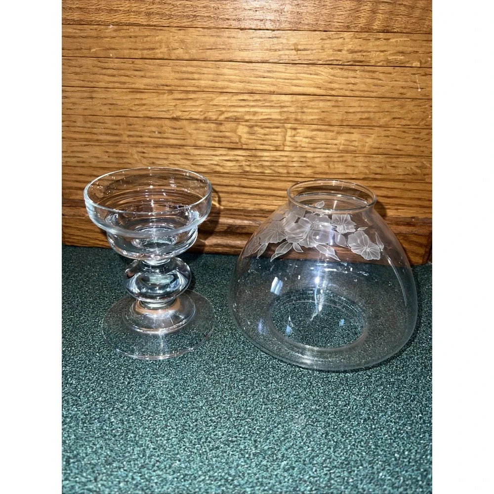 Vtg Pasabahce Blown Glass Hurricane Candle Shade Globe and Base Blossom Design